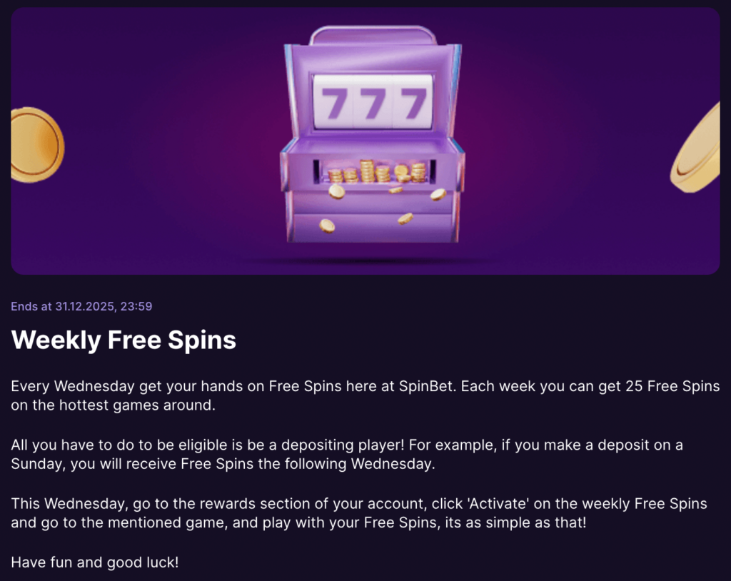 spinbet casino weekly spins